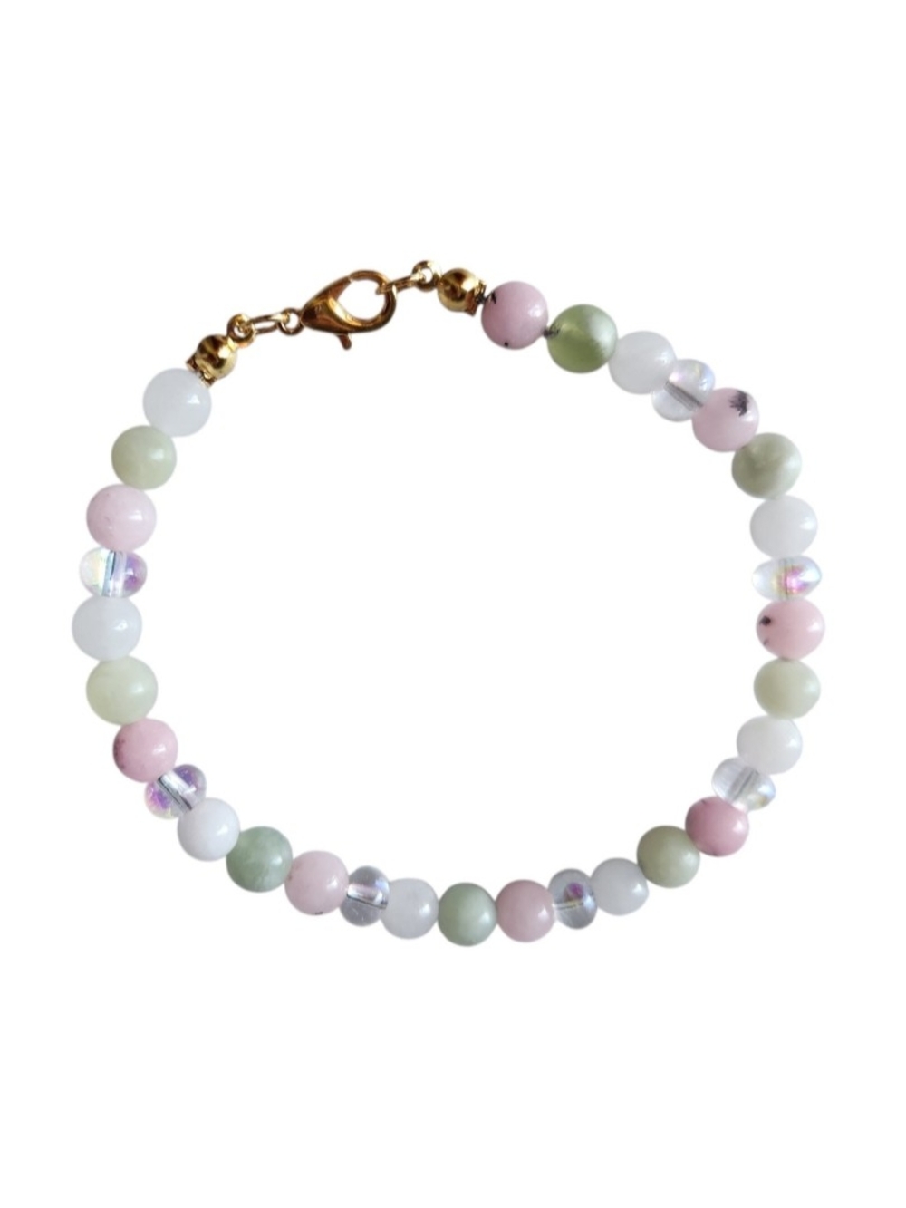 Pink & White Quartz With Serpentine Jade Beaded Bracelet with Gold Clasp